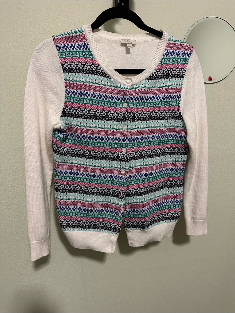 Talbots White Cardigan with Pink, Teal & Black Pattern